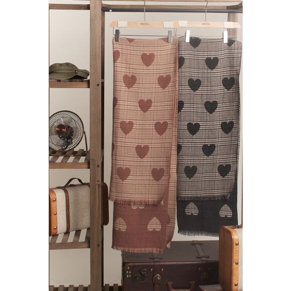 Mello Brown Heart Print Plaid Scarf with Raw Edge - Picture 4 of 5